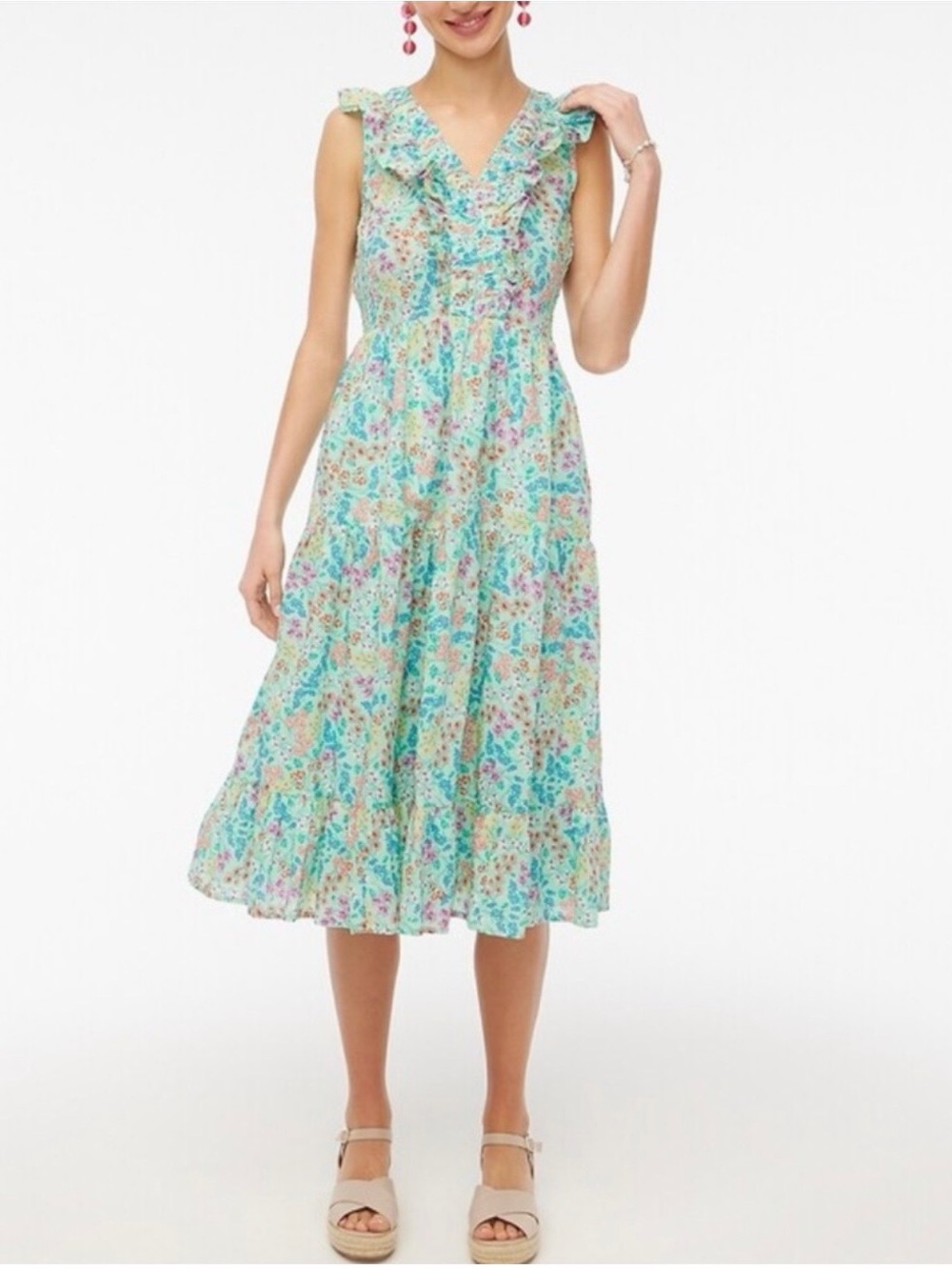 J.Crew Floral Ruffle V-Neck Midi Dress Mint Green Size 12